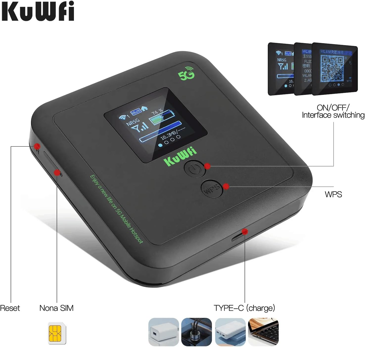 KuWFi Ultra-Fast eSIM Router Portable 5G WiFi 6 Mobile Hotspot|Unlocked WiFi Pocket with 6000mAh|3000Mbps SIM Router 5G for RV & Travel|Hotspot Supports eSIM/SIM Slot&32 Devices|Compatible with AT&T