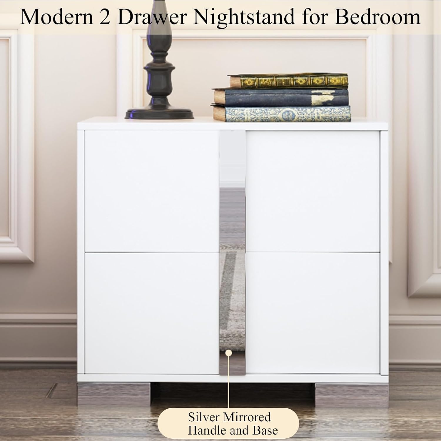 Henf Modern White Nightstand Set of 2 for Bedroom, Elegant 2 Drawer Nightstand with Silver Mirrored Handle and Base, Wood End Table Sofa Side Table for Small Place Living Room Bedroom (White)
