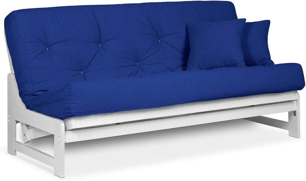 Nirvana Futons Arden White Finish Futon Set (Full or Queen Size), Armless Wood Futon Frame with Mattress Included (Twill Royal Blue), Space Saving Modern Sofa Bed Sleeper