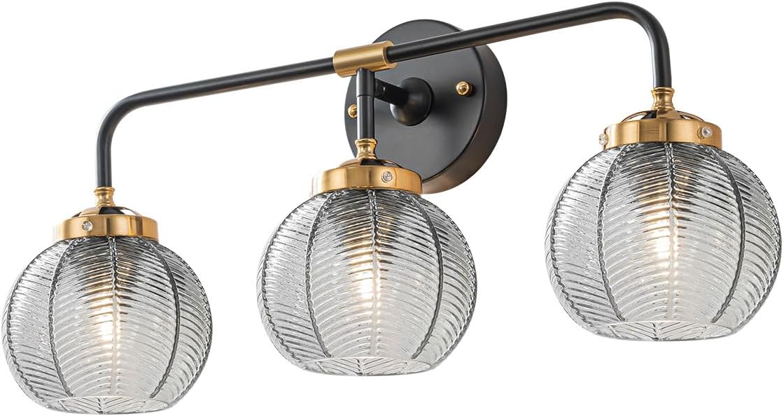 Black Bathroom Light Fixtures 3-Lights Vintage Vanity Wall Sconce Over Mirror with Ribbed Smoky Gray Globe Shade Mid Century Modern Lights Fixture Art Deco Farmhouse Vanity Lighting