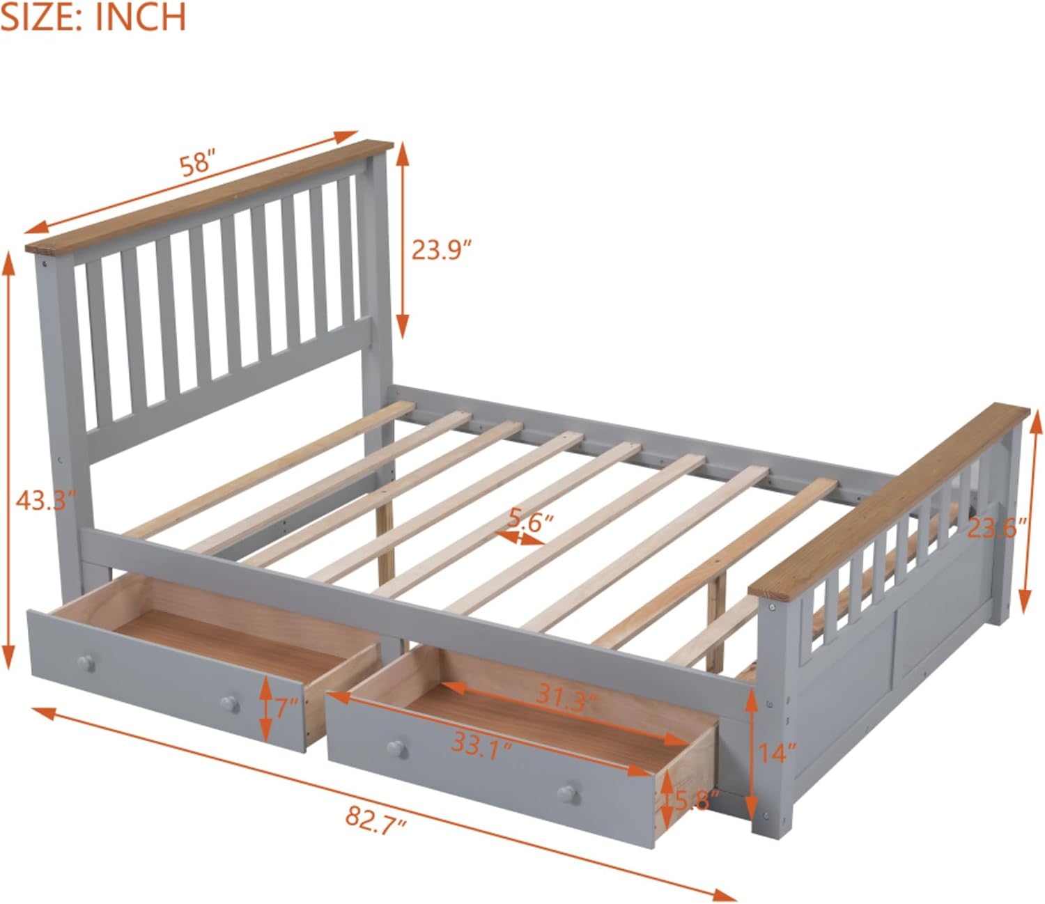 Rustic Bedroom Furniture Set: Platform Bed with Storage Drawers, Nightstand with USB Charging Ports, and 6-Drawer Chest - Solid Wood Construction (Grey,Full Bed)