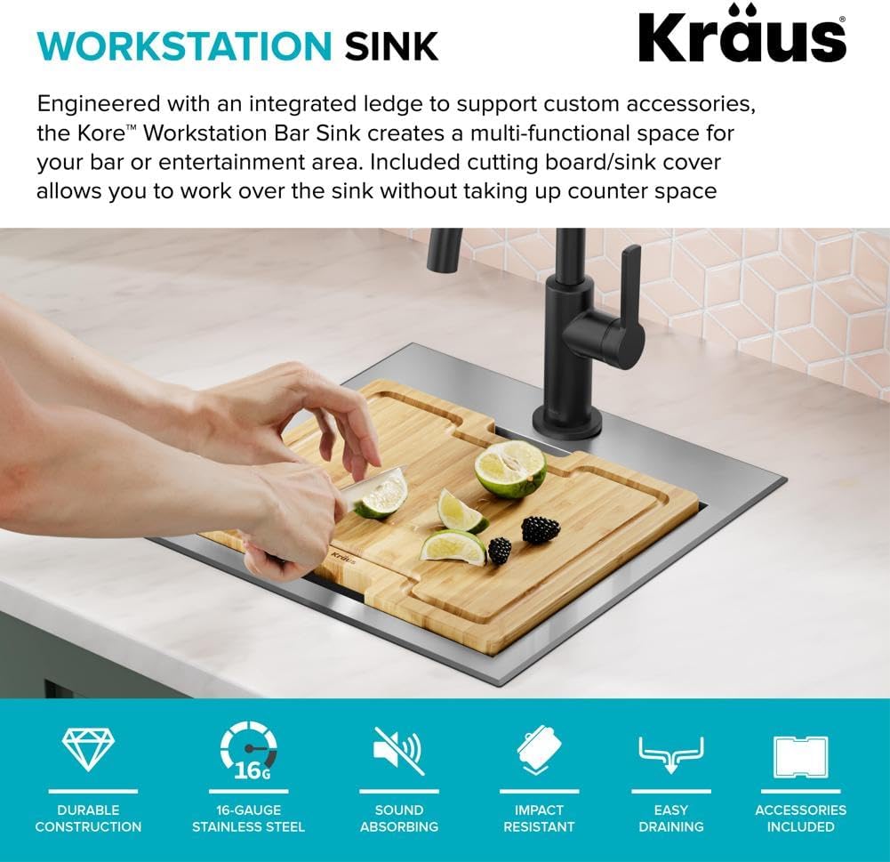 KRAUS Kore 15-Inch Drop In/Top Mount Workstation 16 Gauge Single Bowl Stainless Steel Bar Kitchen Sinks with Accessories