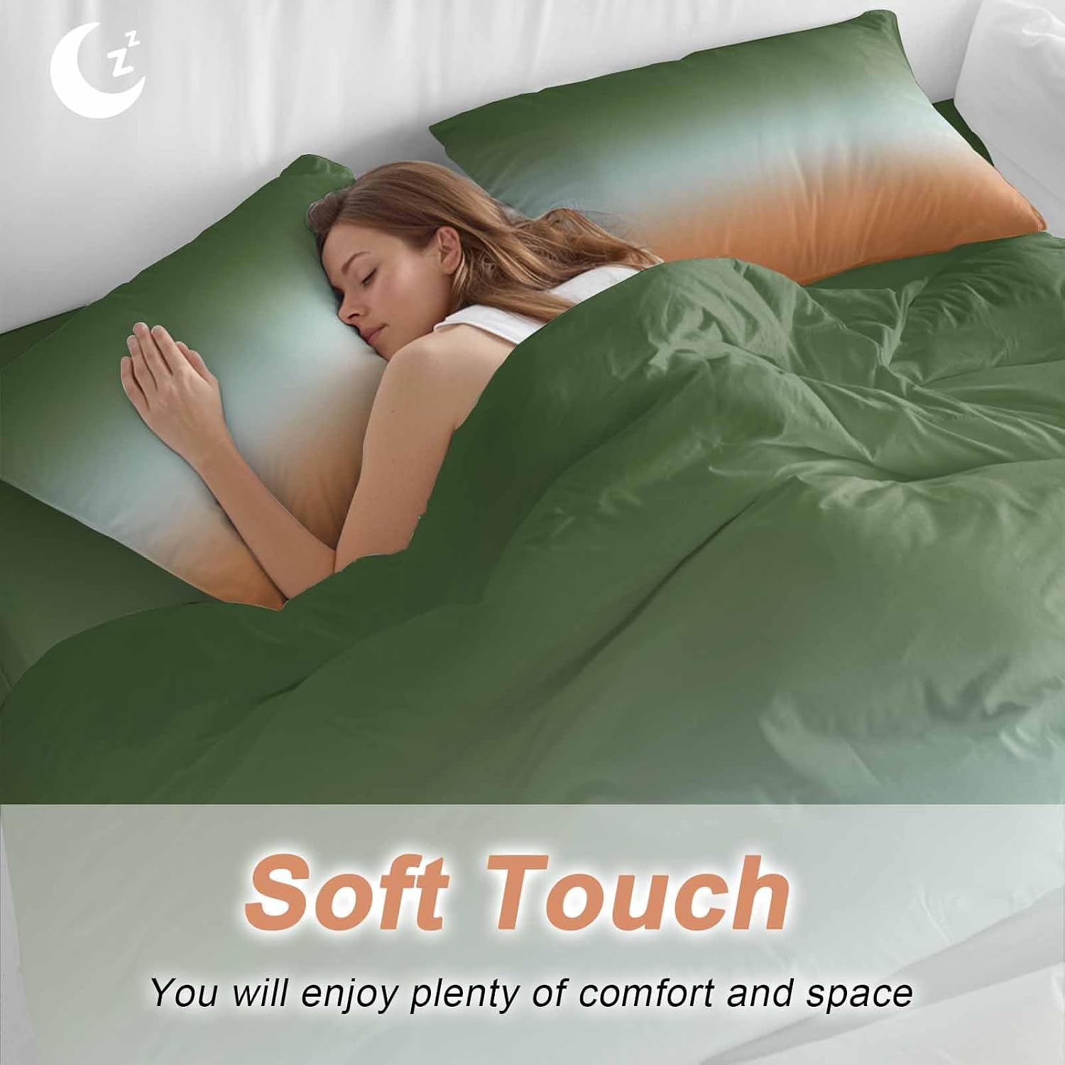 Gradient Sage Green Duvet Cover Set Queen Size 4 Pieces Modern Minimalist Green Orange Ocean Beach Bedding Set with Zipper Closure, 1 Comforter Cover 86x86 Inches 1 Flat Sheet & 2 Pillow Cases