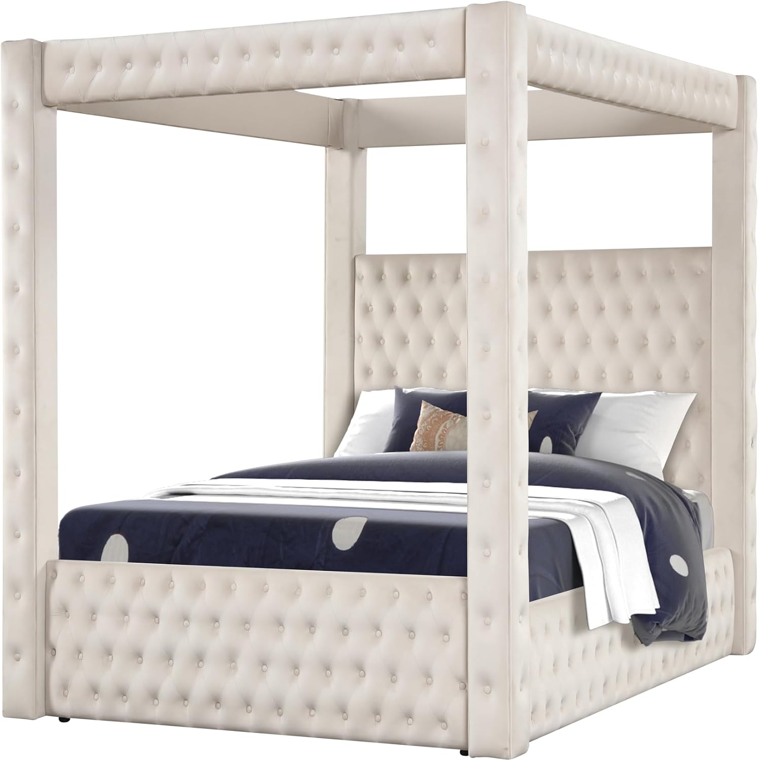 Luxurious Four Poster Full 4 Pc Vanity Bedroom Set Made with Wood in Cream