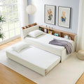 Corner Bed with Desk and Bookcase, LED Lights & USB Ports, Modern Twin to King Daybed with Pop Up Trundle, Velvet Upholstered Extendable Day Bed Kids Bedroom Furniture Set Small Places (Beige, Twin)