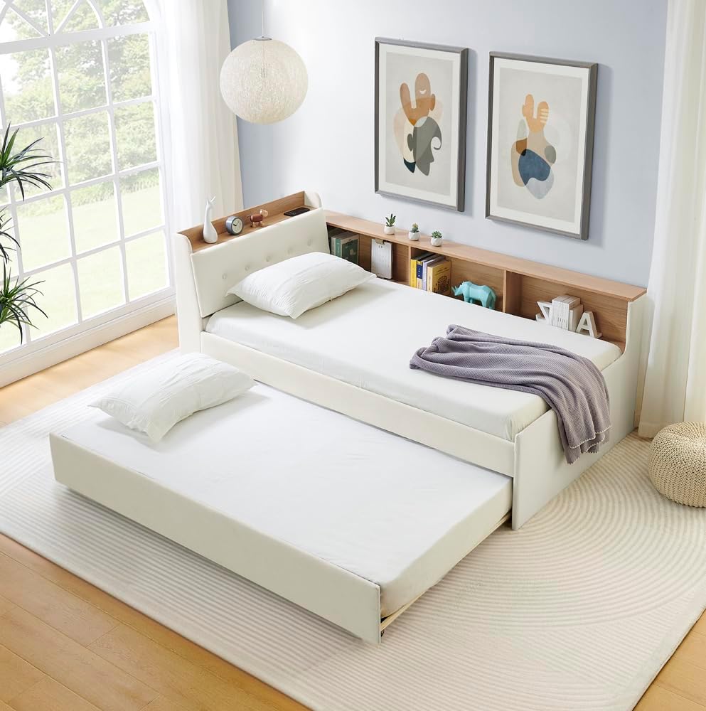 Corner Bed with Desk and Bookcase, LED Lights & USB Ports, Modern Twin to King Daybed with Pop Up Trundle, Velvet Upholstered Extendable Day Bed Kids Bedroom Furniture Set Small Places (Beige, Twin)