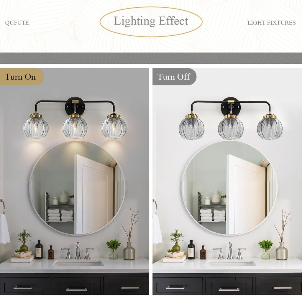 Black Bathroom Light Fixtures 3-Lights Vintage Vanity Wall Sconce Over Mirror with Ribbed Smoky Gray Globe Shade Mid Century Modern Lights Fixture Art Deco Farmhouse Vanity Lighting