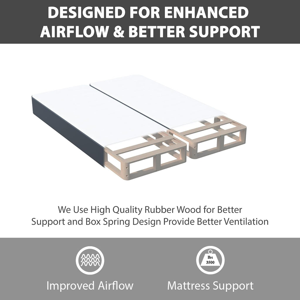 Treaton, 4-Inch Sturdy Wood Box Spring for Mattress Support - Durable and Fully Assembled, Natural Wood Foundation for Full, Gray