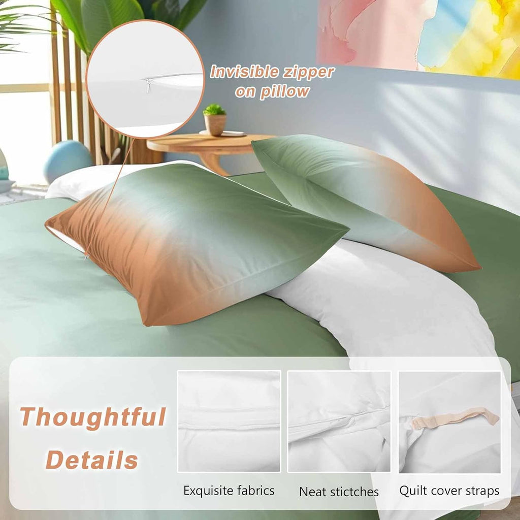 Gradient Sage Green Duvet Cover Set Queen Size 4 Pieces Modern Minimalist Green Orange Ocean Beach Bedding Set with Zipper Closure, 1 Comforter Cover 92x106 Inches 1 Flat Sheet & 2 Pillow Cases