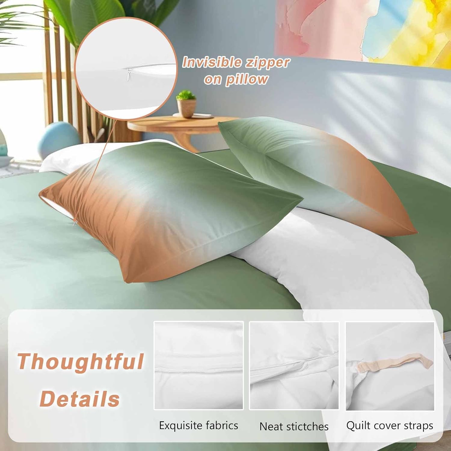 Gradient Sage Green Duvet Cover Set Queen Size 4 Pieces Modern Minimalist Green Orange Ocean Beach Bedding Set with Zipper Closure, 1 Comforter Cover 90x92 Inches 1 Flat Sheet & 2 Pillow Cases