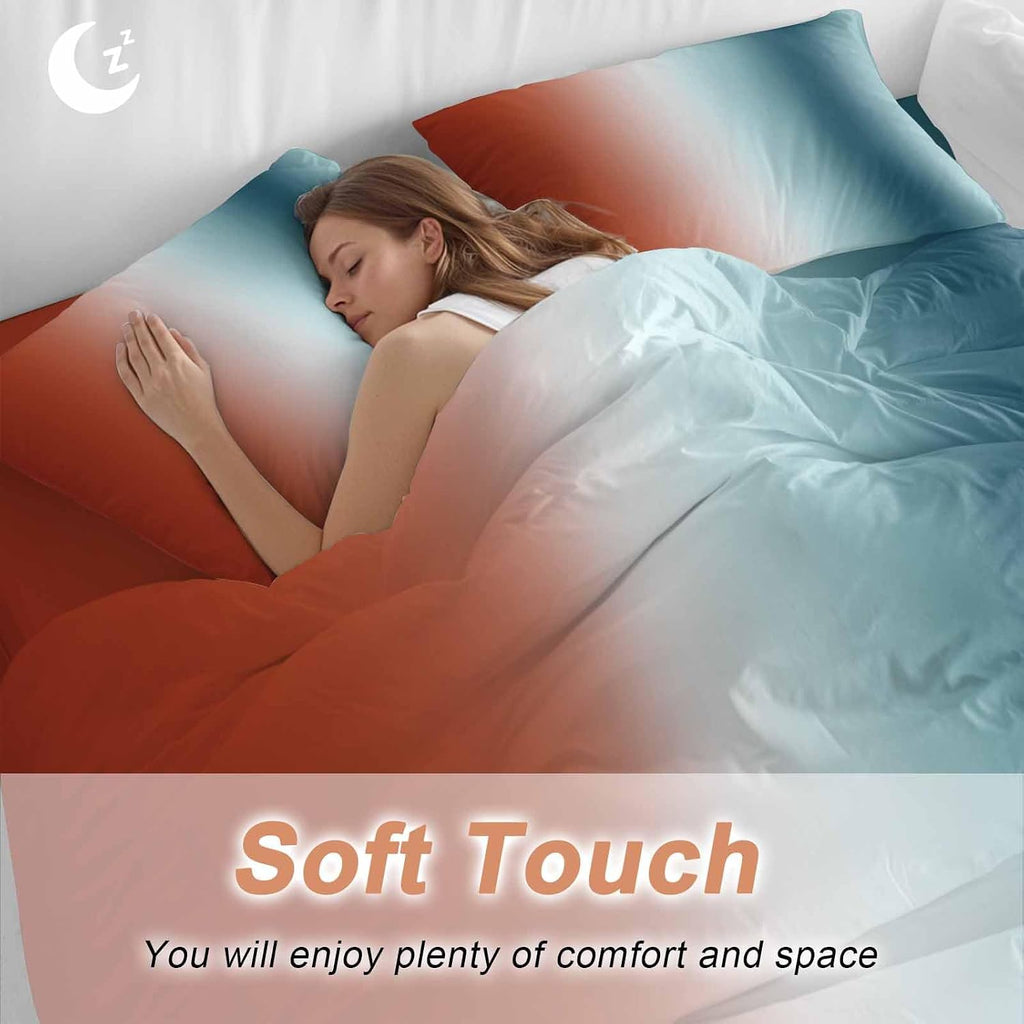 Gradient Orange Blue Duvet Cover Set Queen Size 4 Pieces Modern Abstract Minimalist Ocean Beach Bedding Set with Zipper Closure, 1 Comforter Cover 90x92 Inches 1 Flat Sheet & 2 Pillow Cases