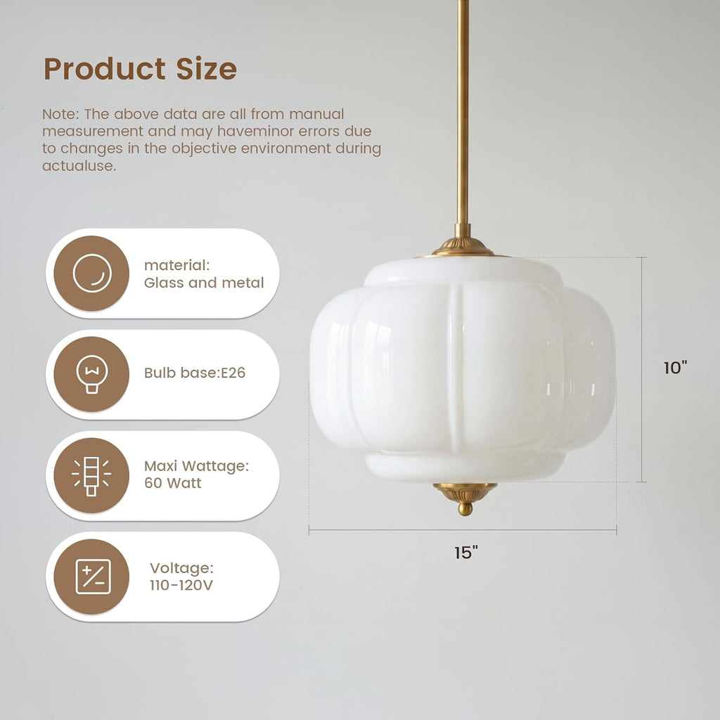 Milk Glass Ceiling Light Fixture - Antique Brass Semi Flush Mount Pendant Light for Kitchen, Hallway, and Bedroom 15 inch (White 15 inch)