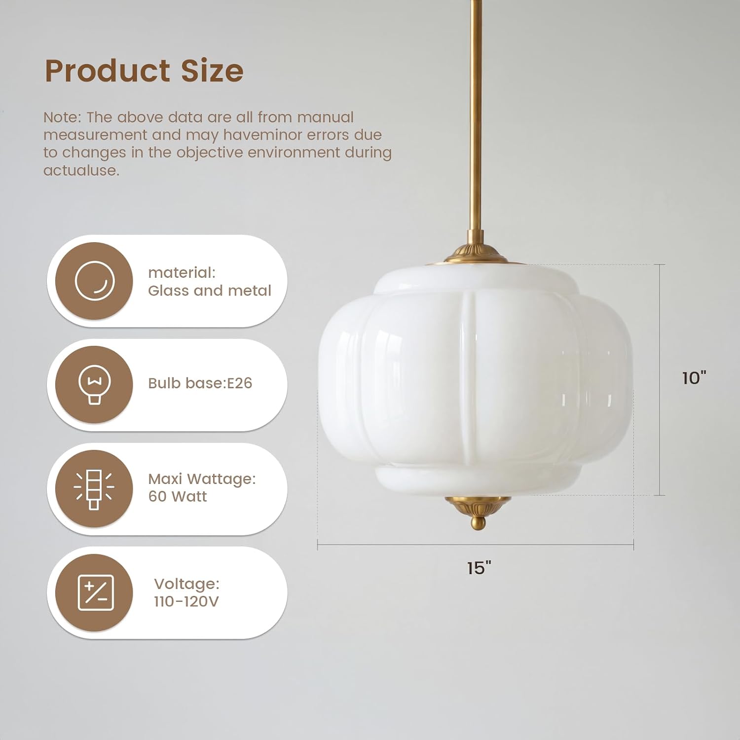 Milk Glass Ceiling Light Fixture - Antique Brass Semi Flush Mount Pendant Light for Kitchen, Hallway, and Bedroom 15 inch (White 15 inch)