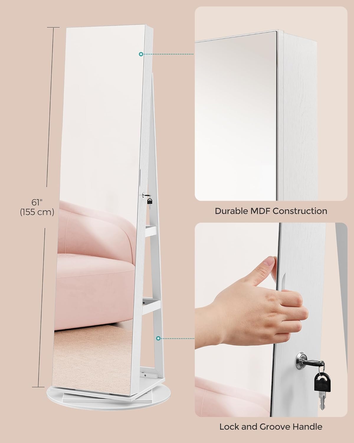 SONGMICS 6 LEDs Lockable Mirror Jewelry Cabinet, 360° Swivel Jewelry Organizer Armoire Standing, Frameless Full-Length Mirror, 3 Storage Shelves, White Surface, Greige Lining UJJC007W02V1