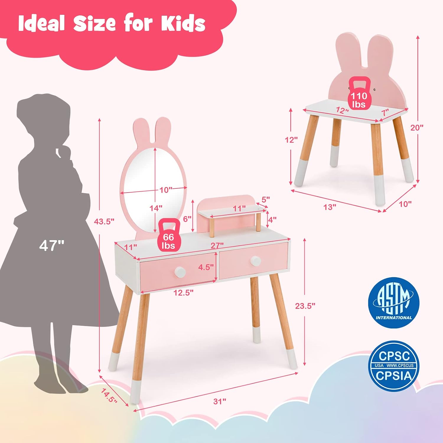 GLACER Kids Vanity & Jewelry Armoire, Princess Dressing Table and Chair Set, Wood Kids Dress Up Storage with Full-Length Mirror, 2 Adjustable Tilt Angles, Kids Bedroom Furniture Set for Girls (Pink)