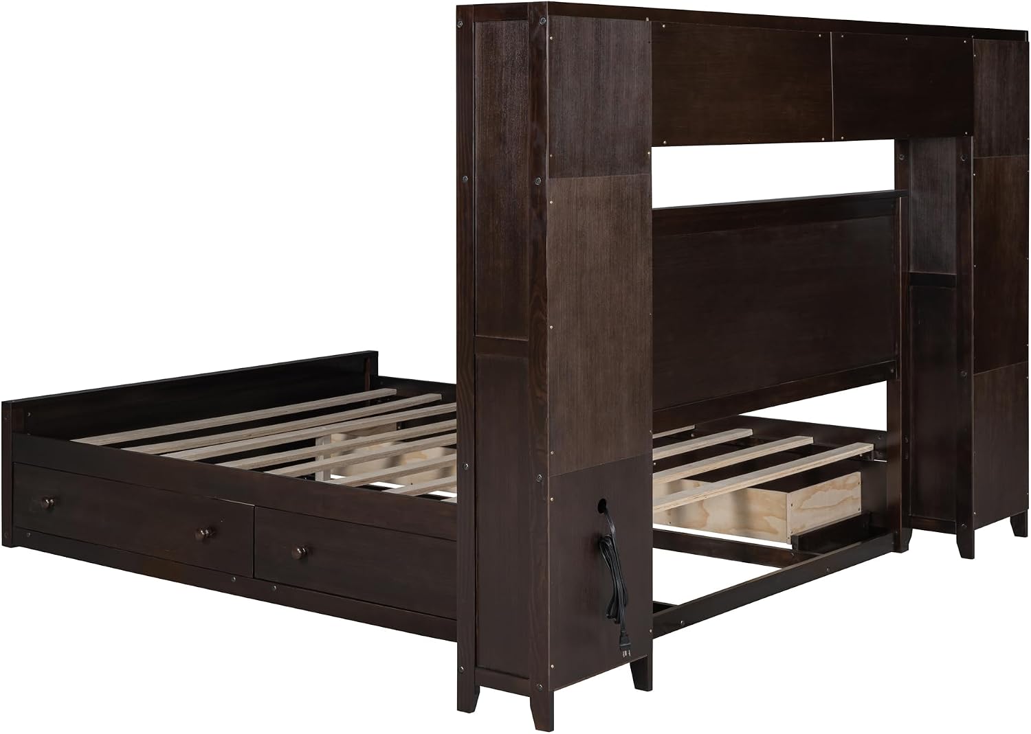 Merax Queen Size Wooden Bed with All-in-One Cabinet, Espresso Platform Bed Frame with 4 Drawers, Shelf and Sockets
