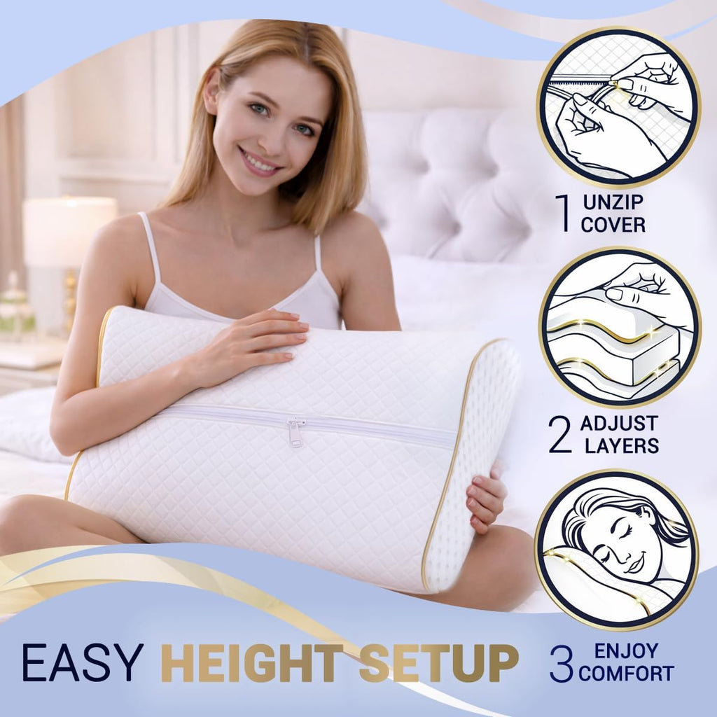 Cervical Memory Foam Pillow – 4-Layer Adjustable King Size Contour Design for Side Sleepers, Neck Support & Pain Relief, Orthopedic, CertiPUR-US Certified