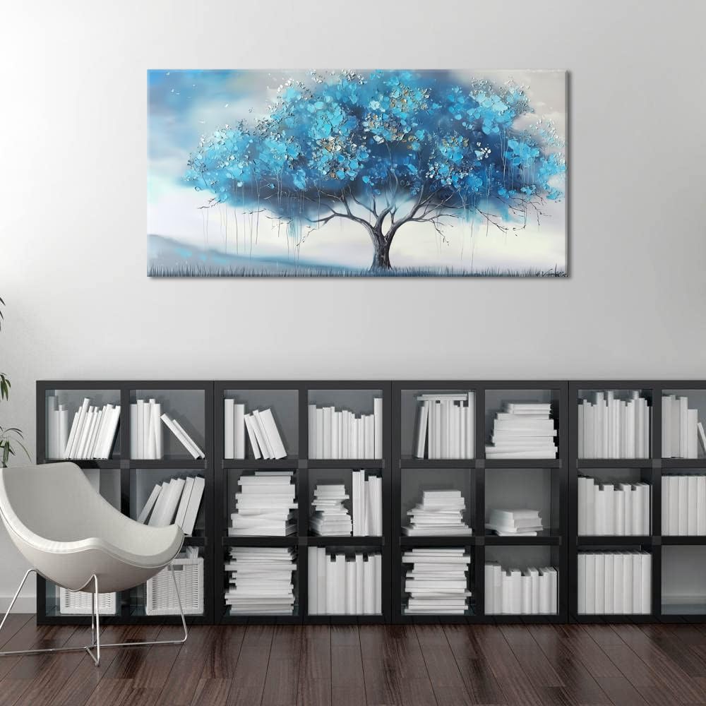 Piy Painting Blue Tree and White Petals Flowers Plants Wall Art Decor Artwork for Bedroom (30x60 Inches)
