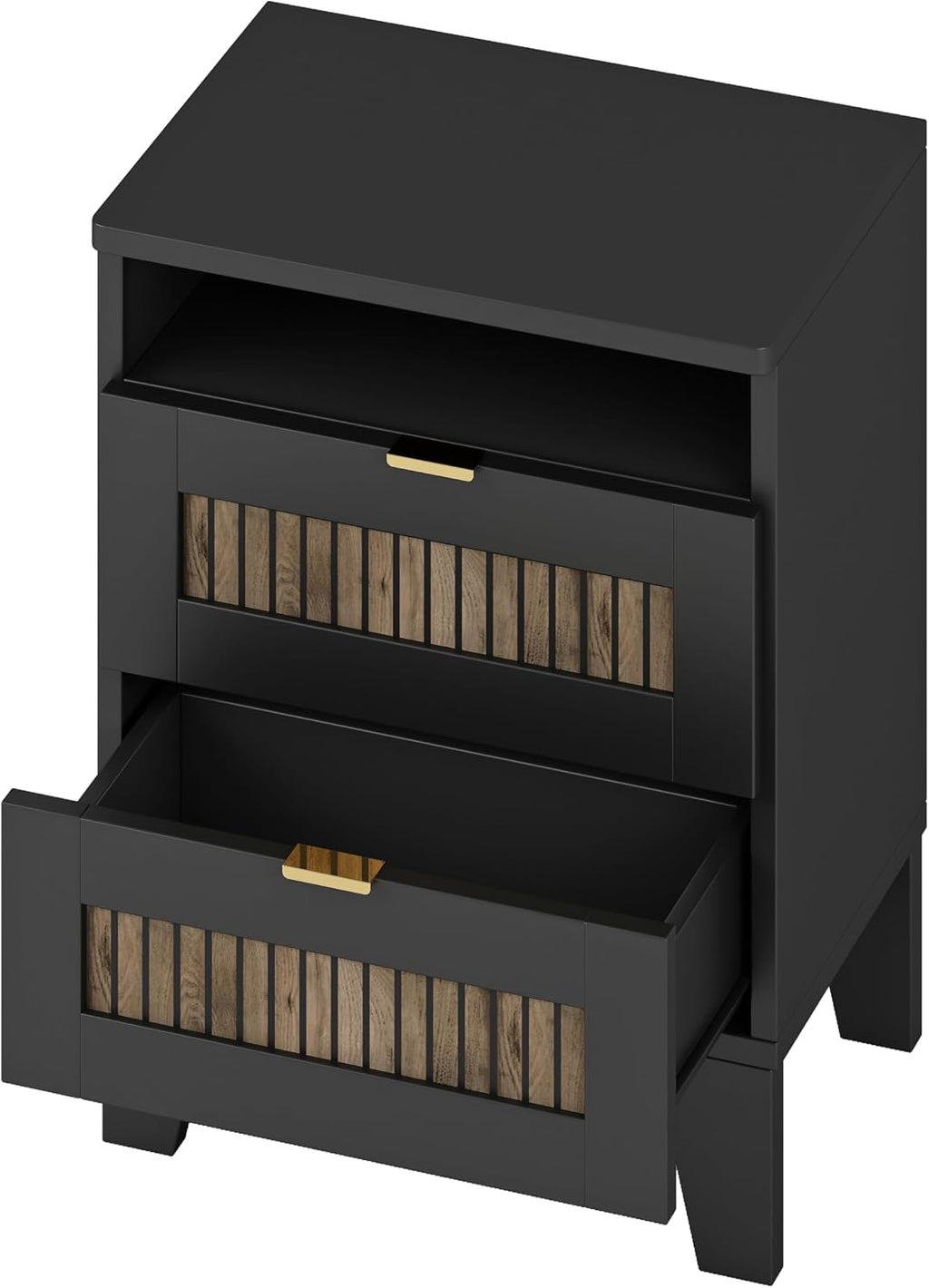 Farmhouse 4-Pieces Bedroom Sets, Queen Size Farmhouse Platform Bed with Wooden Strip Stickers Decoration, 2 Nightstands and 6 Drawer Dresser with Metal Handle (Black-4PS)