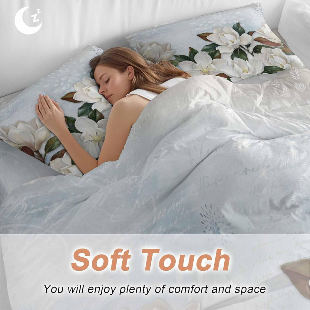 White Magnolia Duvet Cover Set Queen Size 4 Pieces Watercolor Flower Floral Plants Leaf Farmhouse Bedding Set with Zipper Closure, 1 Comforter Cover 92x106 Inches 1 Flat Sheet & 2 Pillow Cases