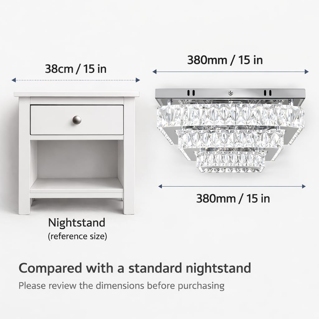 Finktonglan Square Crystal Ceiling Light Fixture, 15' Modern Flush Mount Chandelier, 3-Tier LED Ceiling Light for Living Room Dining Room Bedroom Hallway, 6500K Cool White