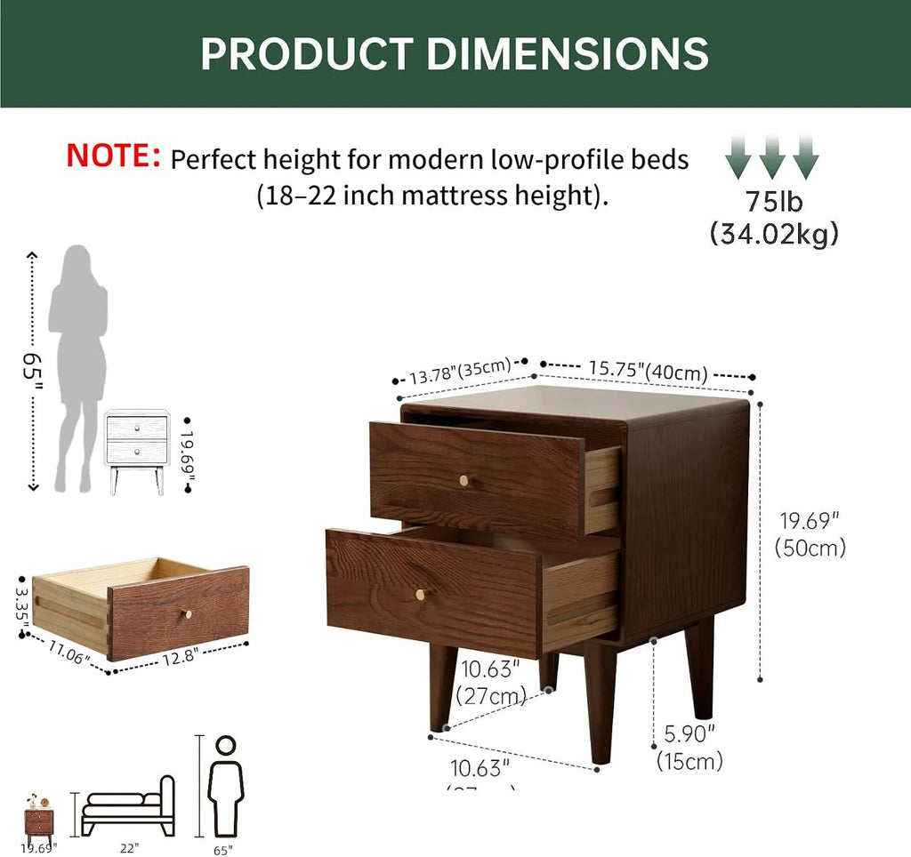 Solid Oak Wood Nightstand with 2 Drawers, Walnut Bedside Tables, Mid Century Modern Nightstand, Small Night Stand for Small Spaces for Bedroom(19.69' H)