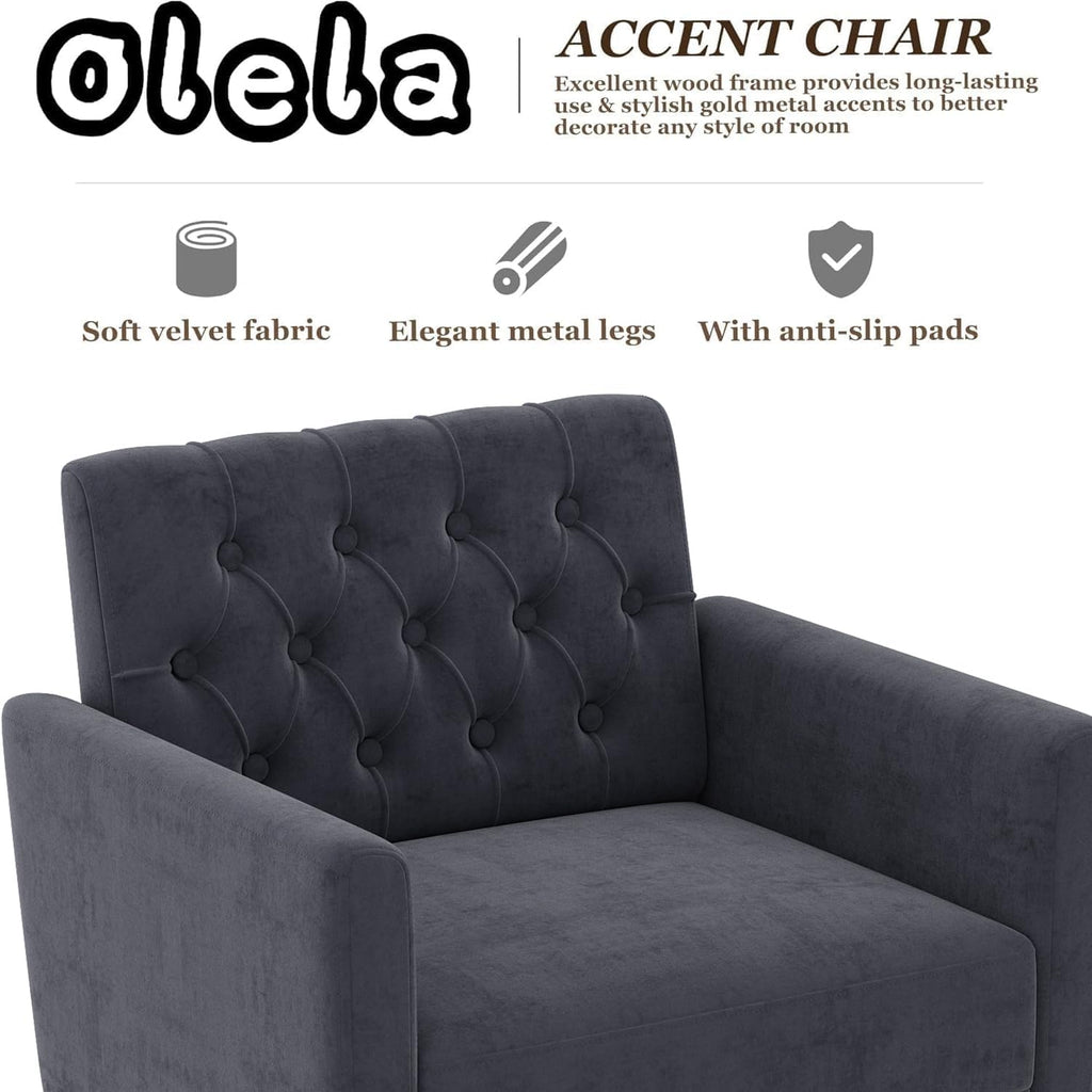 Olela Accent Chair with Arm for Living Room, Velvet Modern Armchair Single Sofa Cozy Tufted Upholstered Reading Side Chairs with Gold Metal Leg for Bedroom Decorate