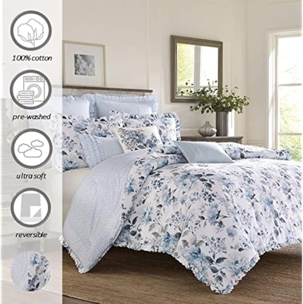 Laura Ashley Home - King Comforter Set, Reversible Cotton Bedding with Matching Shams, Stylish Home Decor for All Seasons (Chloe Blue, King)