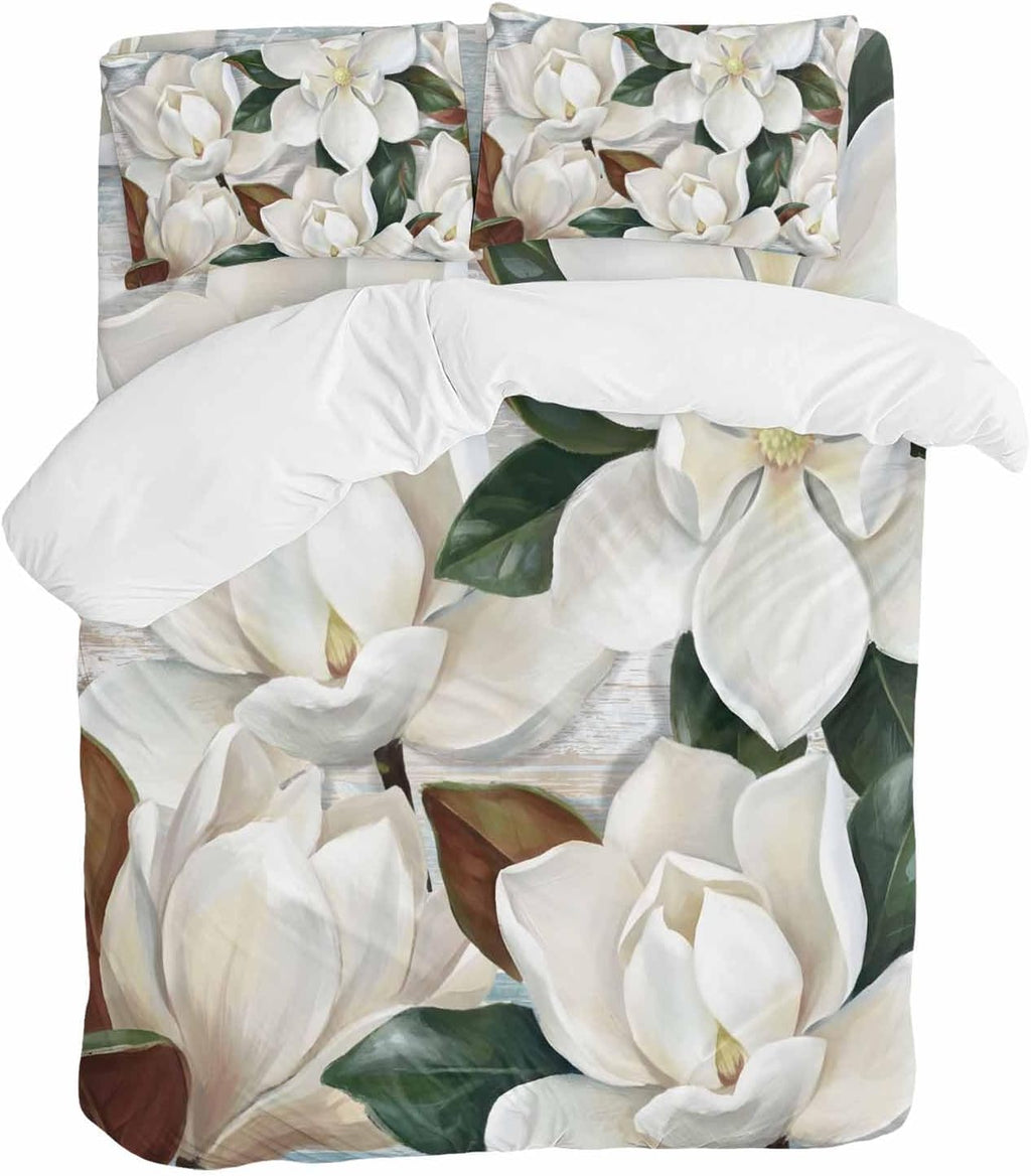 White Floral Duvet Cover Set Queen Size 4 Pieces Spring White Magnolia Vintage Plants Farmhouse Rustic Bedding Set with Zipper Closure, 1 Comforter Cover 92x106 Inches 1 Flat Sheet & 2 Pillow Cases