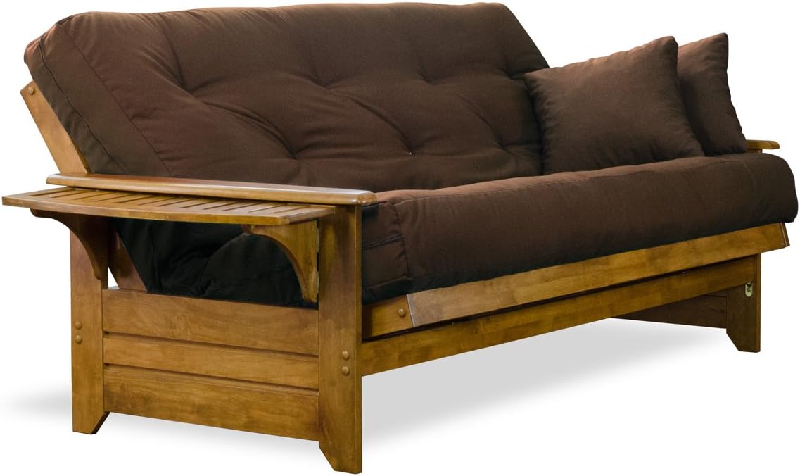 Nirvana Futons Brentwood Tray Arm Futon Frame, Drawers, and Microfiber Fudge Mattress Set - Full, Heritage Finish