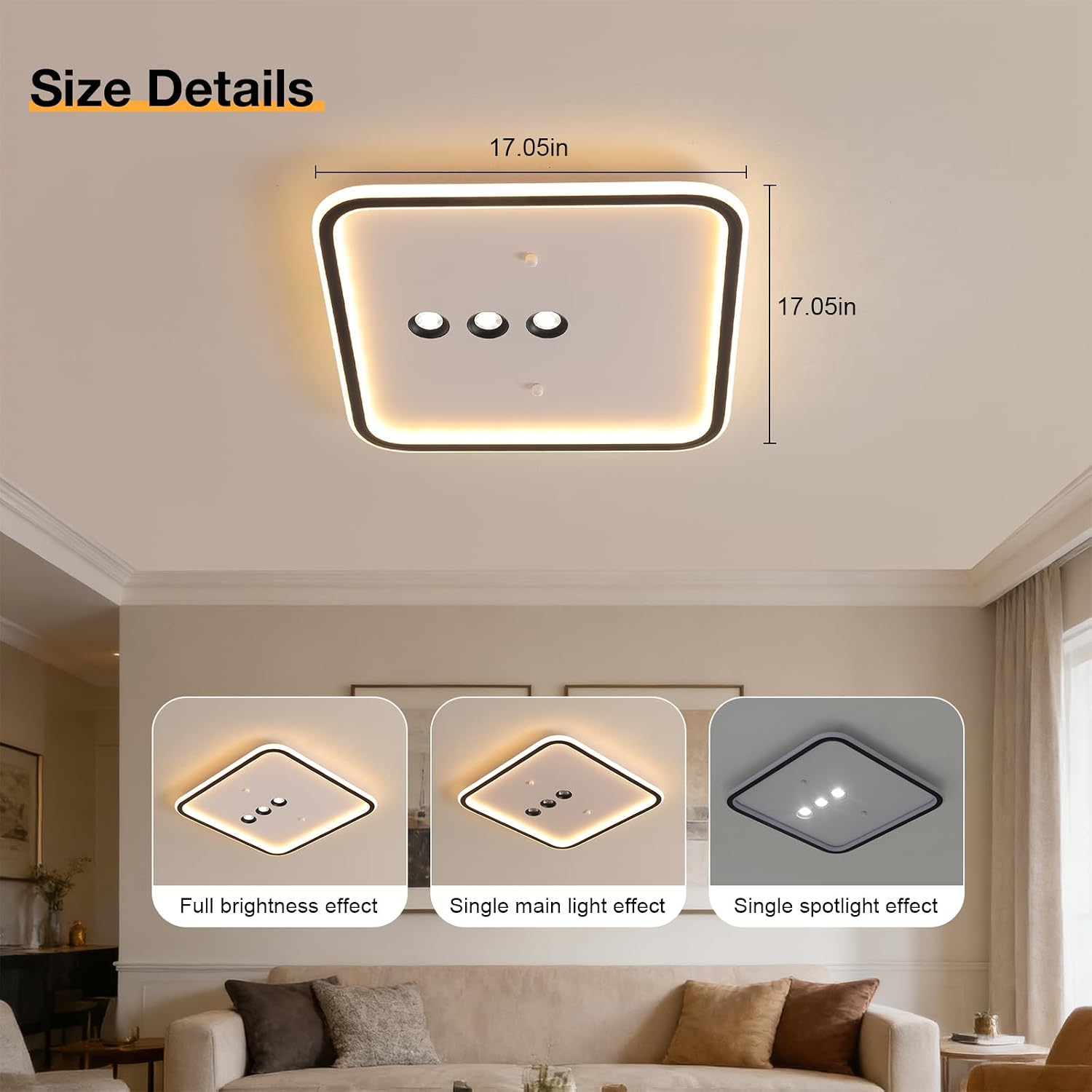 Shine LUEST Square Diamond LED Ceiling Light with 3 Adjustable Spotlights, Dimmable Flush Mount Lighting Fixture, Black & White for Bedroom Living Room Kitchen Hallway