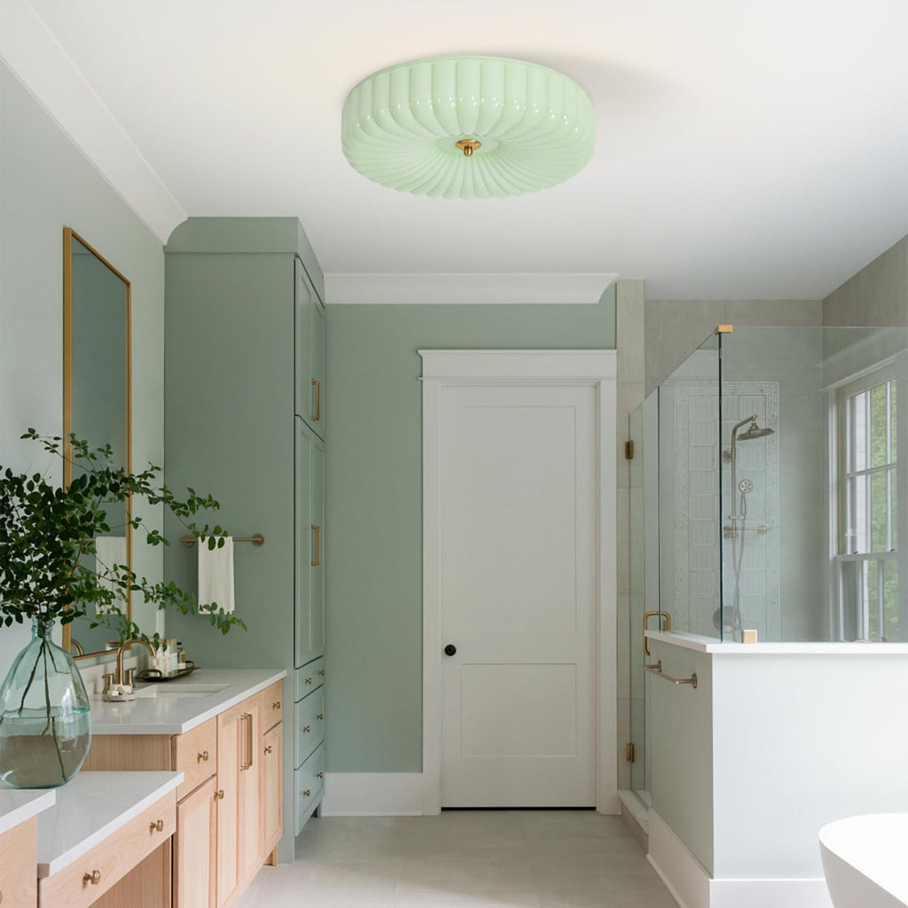 KCO Lighting Nordic Green Glass Flush Mount Ceiling Light Vintage Round Semi Flush Mount Ceiling Light Fixture Mid Century Modern Bathroom Overhead Light LED Ceiling Lights
