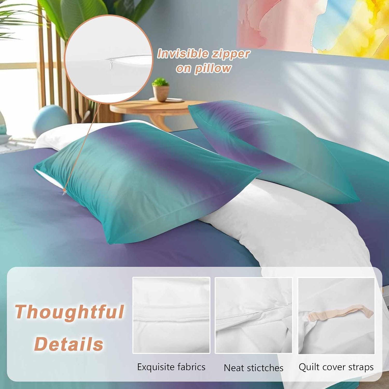 Gradient Green Duvet Cover Set Queen Size 4 Pieces Modern Minimalist Green Purple Ocean Beach Bedding Set with Zipper Closure, 1 Comforter Cover 86x86 Inches 1 Flat Sheet & 2 Pillow Cases