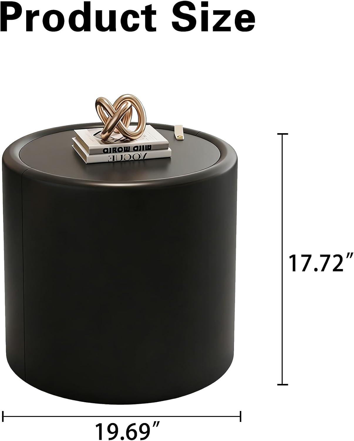19.69' Black Round Coffee Table with Hidden Storage, Drum Coffee Table with Tempered Glass Top and PU Leather Body, Circle Cocktail Tea Table for Living Room, No Assemble