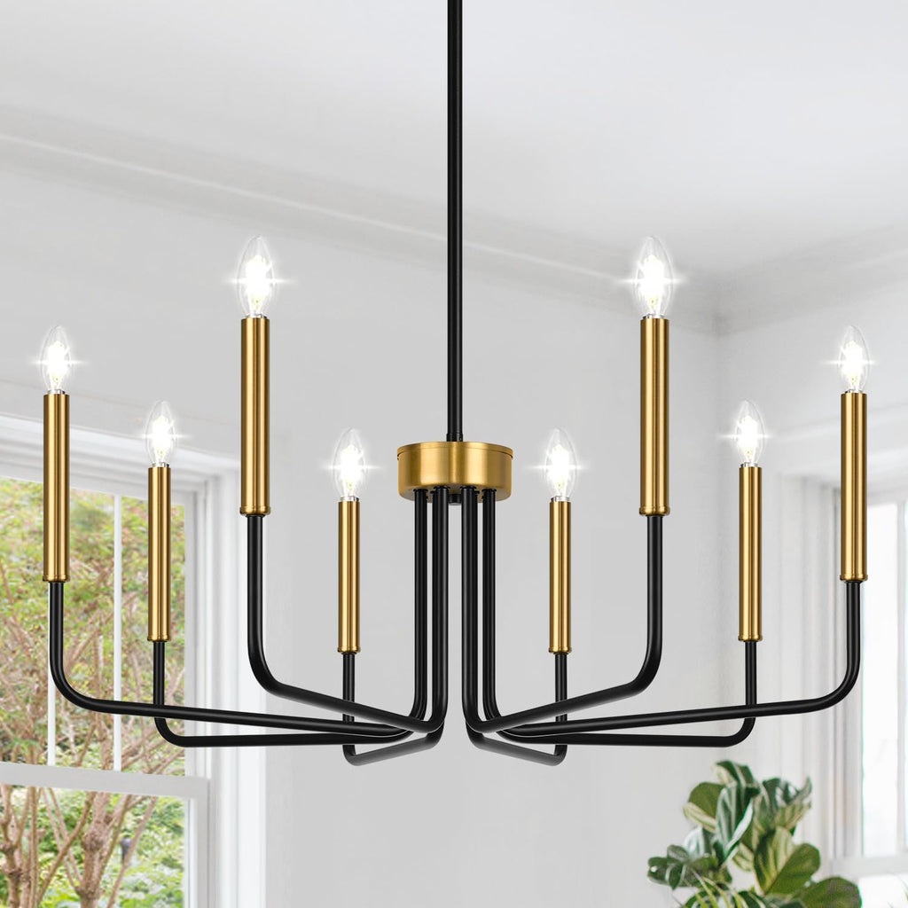 Lynnoland Black and Gold 8-Light Farmhouse Chandelier for Dining Room Lighting Fixtures Hanging, Vintage Candle Pendant Light Fixtures Chandelier for Bedroom, Foyer and Living Room