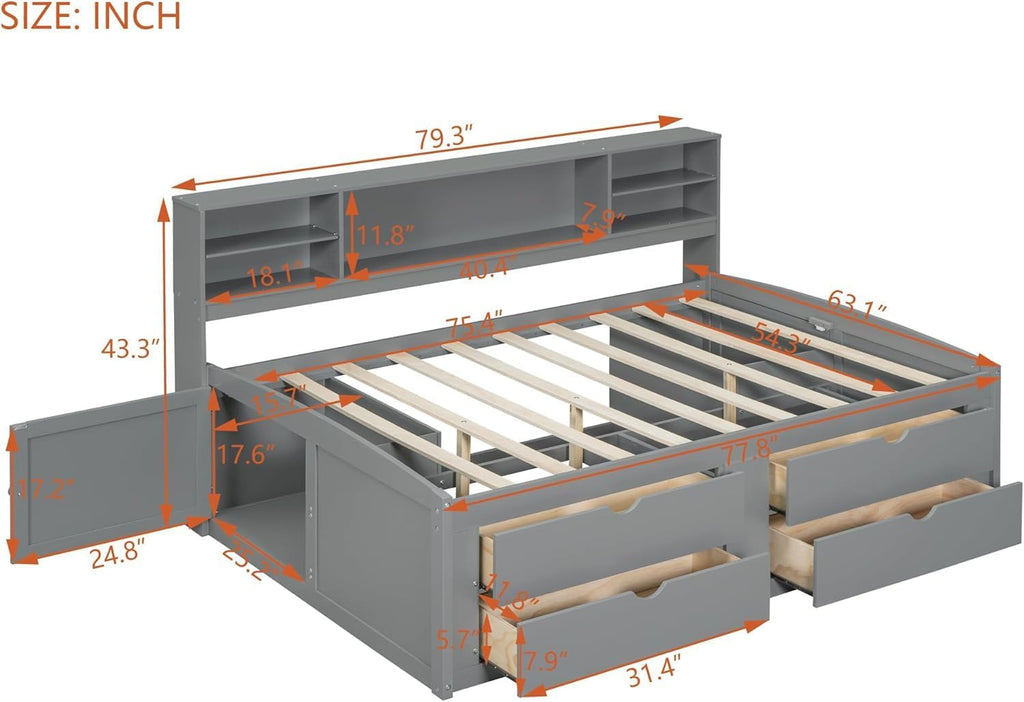 MERITLINE Full Daybed with Storage Bookcase,Shelves and Drawers,Solid Wood Full Captain's Bed Frame with Drawers for Adults,No Box Spring Needed (Grey)