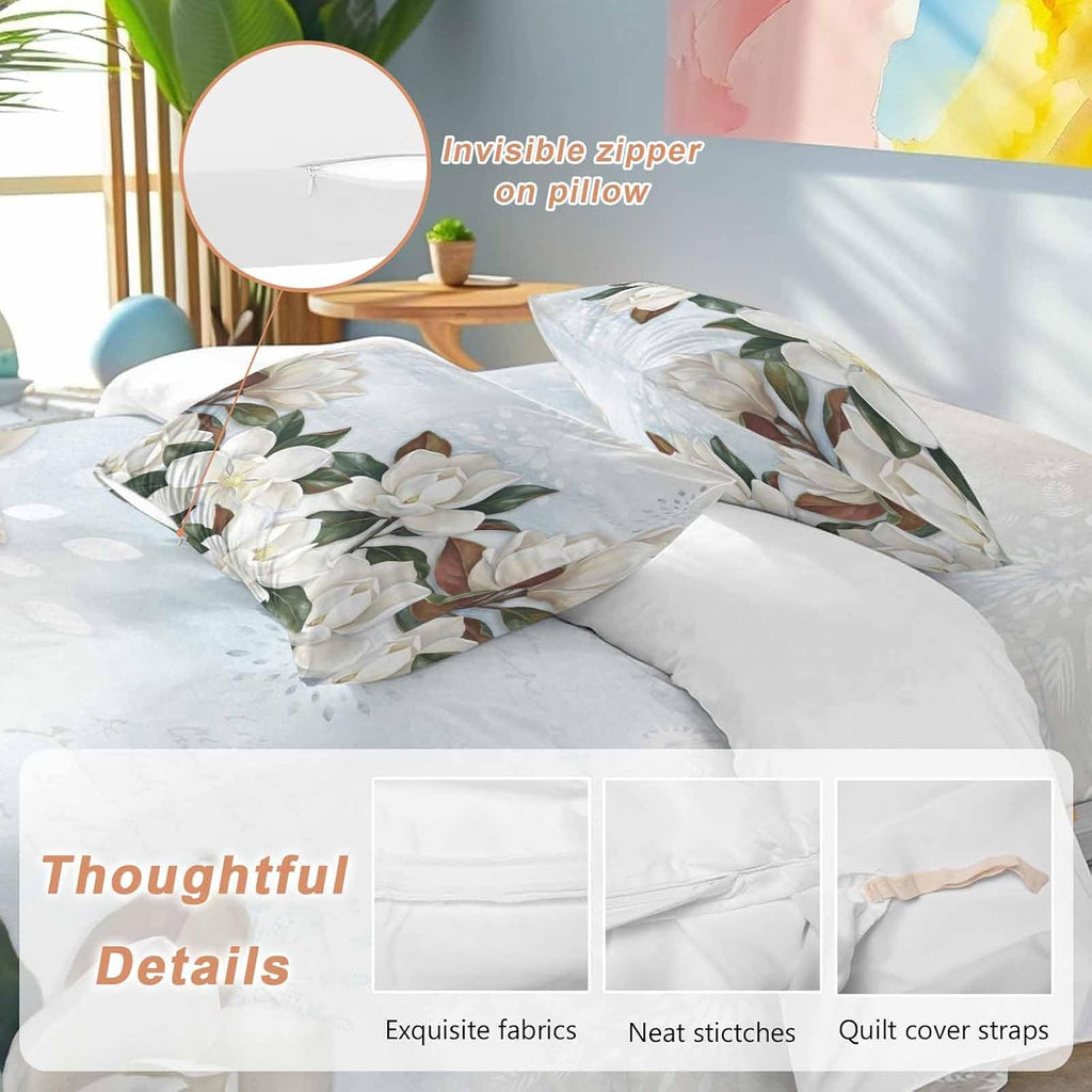 White Magnolia Duvet Cover Set Queen Size 4 Pieces Watercolor Flower Floral Plants Leaf Farmhouse Bedding Set with Zipper Closure, 1 Comforter Cover 92x106 Inches 1 Flat Sheet & 2 Pillow Cases