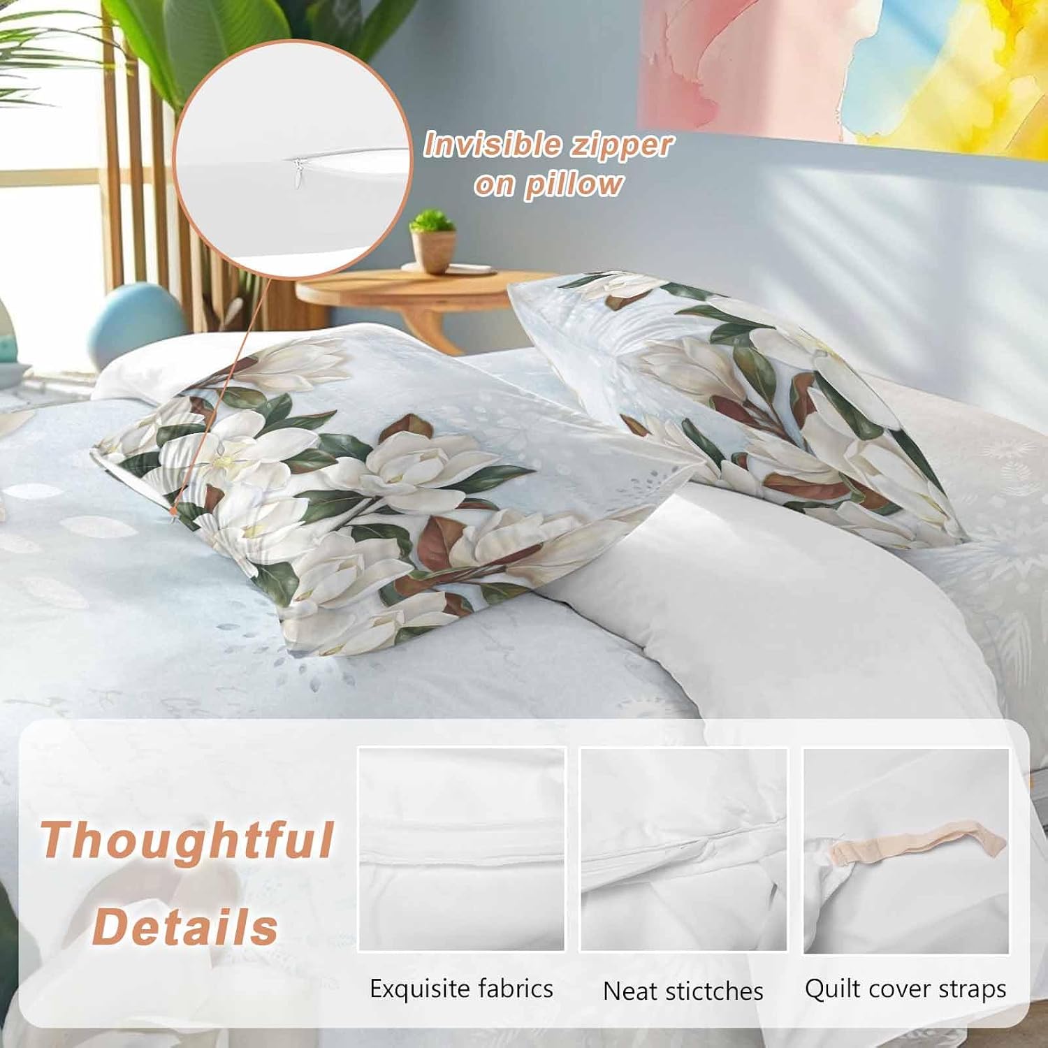 White Magnolia Duvet Cover Set Queen Size 4 Pieces Watercolor Flower Floral Plants Leaf Farmhouse Bedding Set with Zipper Closure, 1 Comforter Cover 92x106 Inches 1 Flat Sheet & 2 Pillow Cases