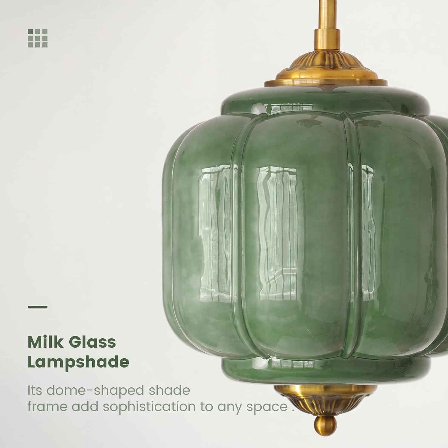 Milk Glass Ceiling Light Fixture - Antique Brass Semi Flush Mount Pendant Light for Kitchen, Hallway, and Bedroom (Green, 9 inch)