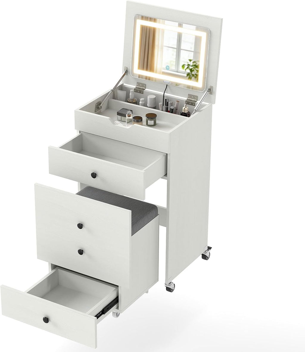 CHARMAID 3-in-1 Vanity Desk with Flip-Top LED Mirror, Rolling Stool with Hidden Storage & Drawer, 20 inch Compact Modern Makeup Vanity Table for Bedroom & Apartment, White