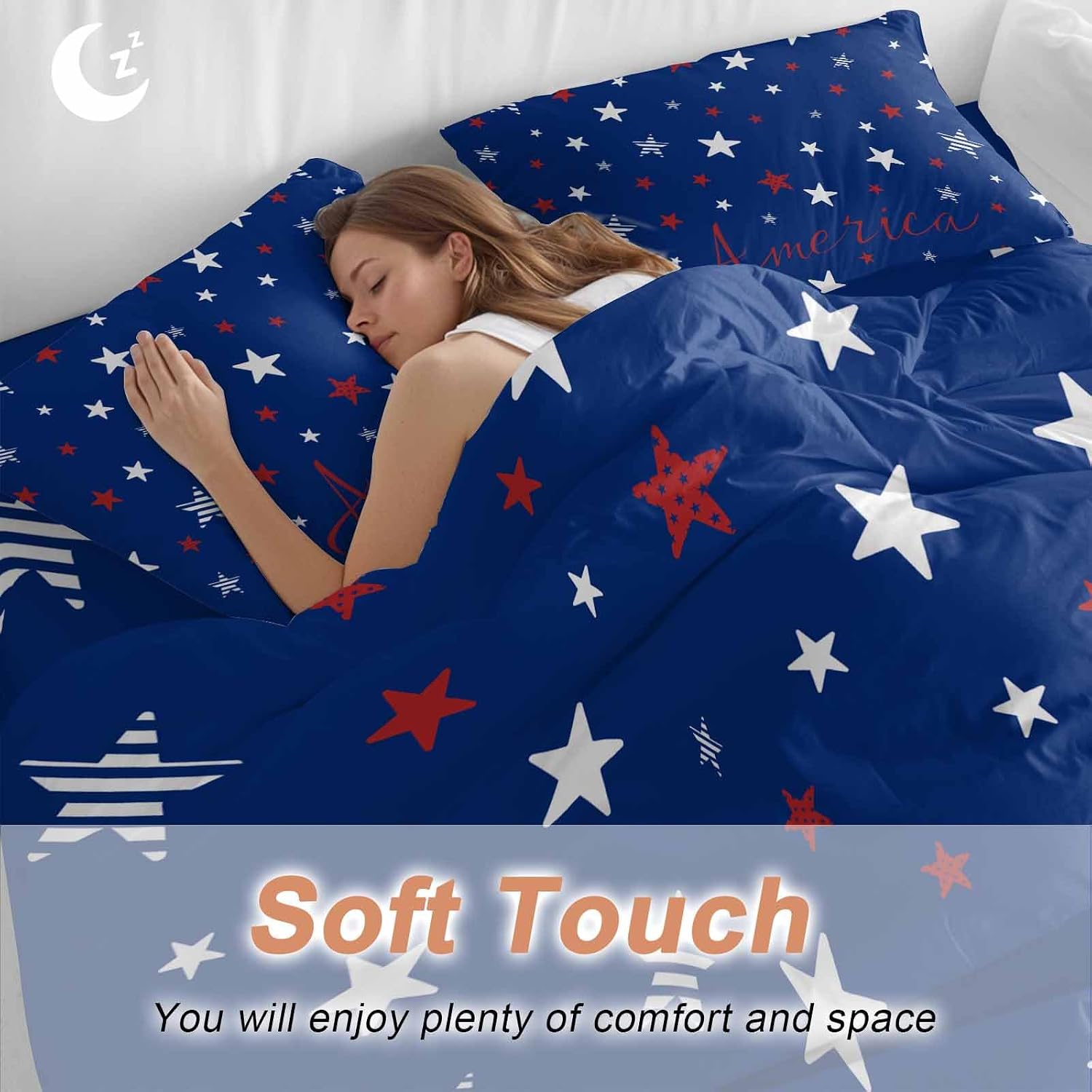 Independence Day Duvet Cover Set Queen Size 4 Pieces Blue White Pentagram America Blue Background Bedding Set with Zipper Closure, 1 Comforter Cover 92x106 Inches 1 Flat Sheet & 2 Pillow Cases