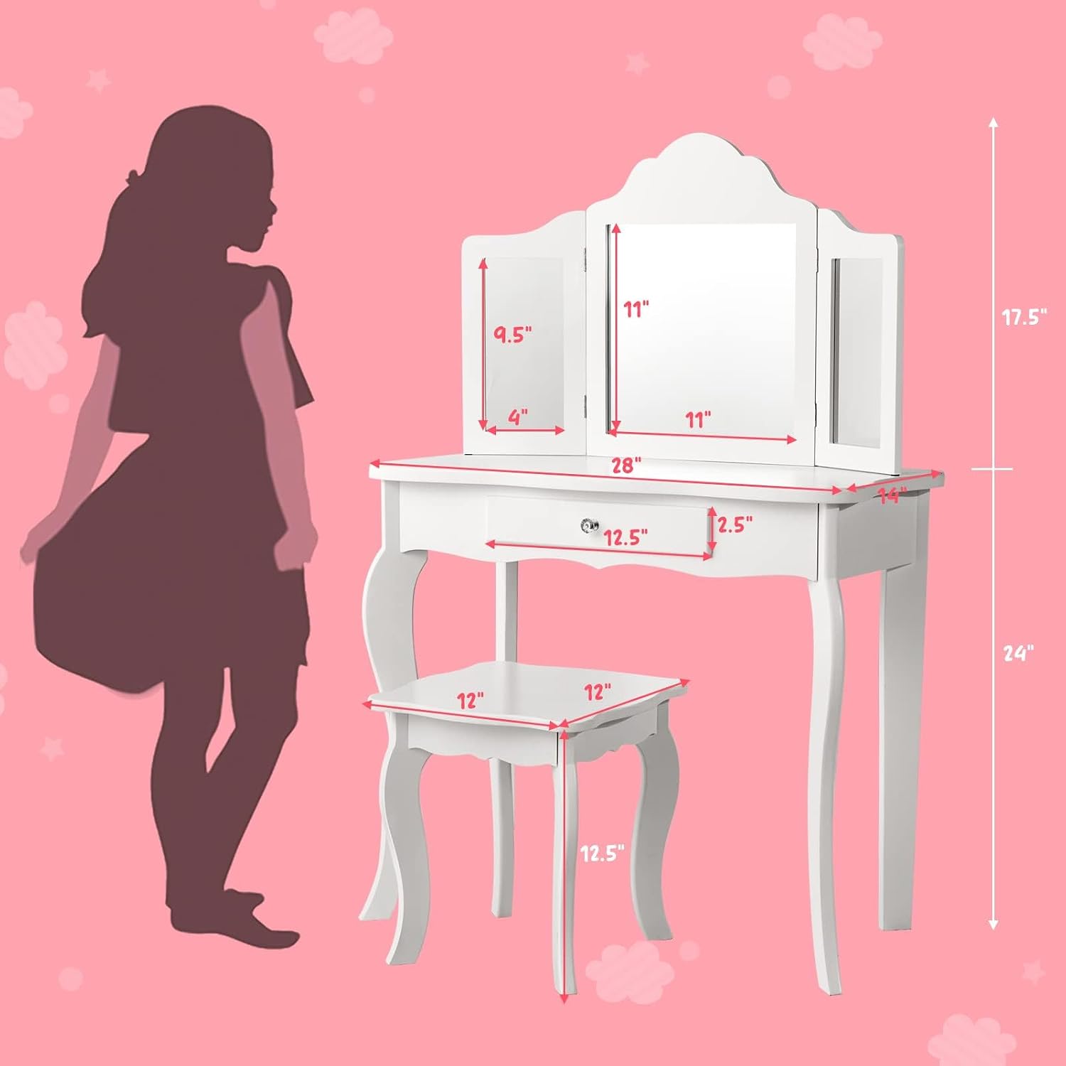 Costzon Kids Vanity & Jewelry Armoire Cabinet, Kids Vanity Table and Chair Set, Makeup Dressing Table, Standing Jewelry Organizer with Full-Length Mirror, Kids Bedroom Furniture Set for Girls (White)