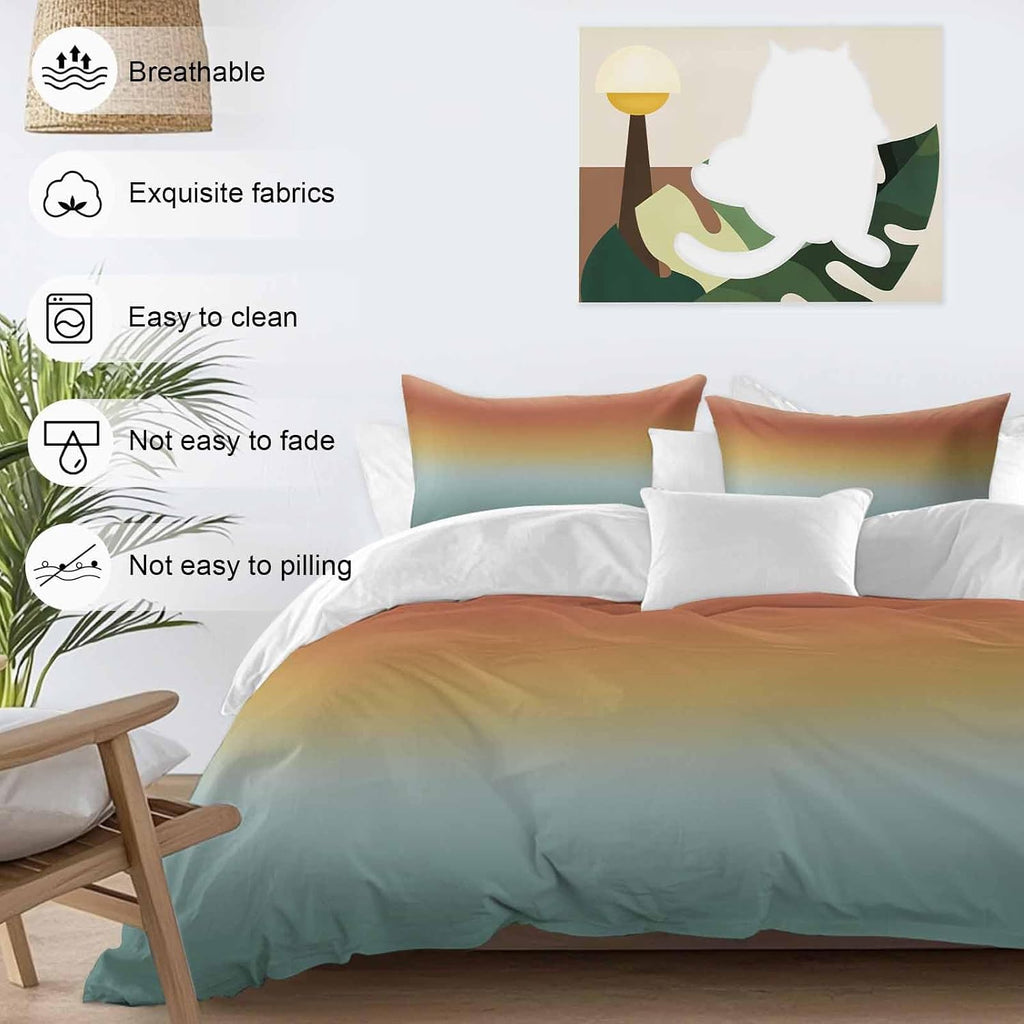 Bohemian Gradient Green Duvet Cover Set Queen Size 4 Pieces Modern Minimalist Orange Yellow Ocean Beach Bedding Set with Zipper Closure, 1 Comforter Cover 90x92 Inches 1 Flat Sheet & 2 Pillow Cases