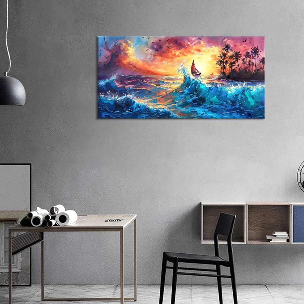 Piy Painting Sailboat Coconut Grove and Blue Waves Under the Sunset Oil Painting Style Wall Art Decor Artwork for Bedroom (30x60 Inches)