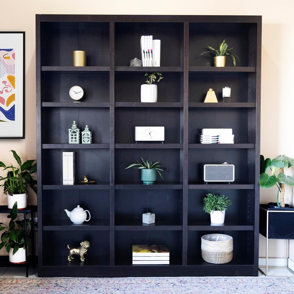 Concepts In Wood Traditional 84' Tall Triple Wide 18-Shelf Genuine Bookcase with 15 Adjustable Shelves & 3 Fixed Shelves, Quick & Simple Assembly, in Chocolate Espresso Finish