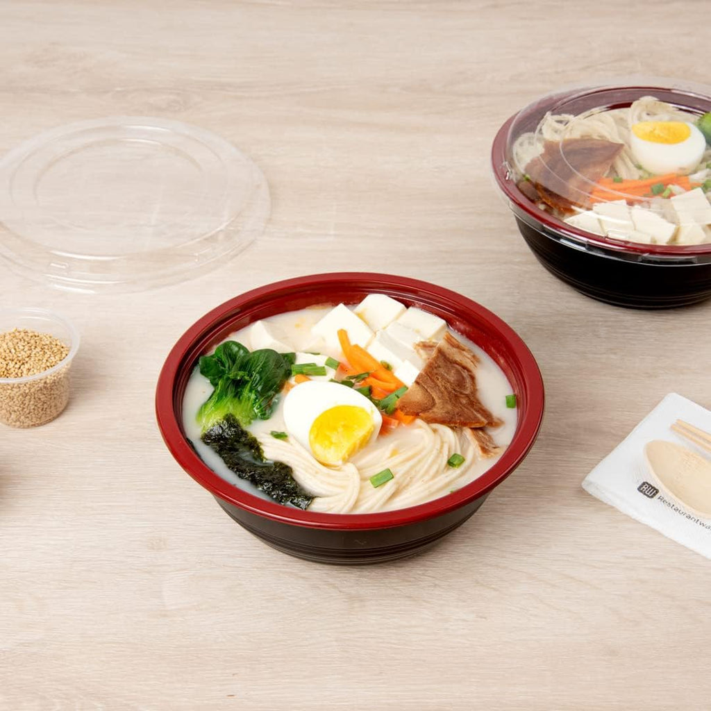 34 Ounce Food Containers, 200 Disposable Salad Bowls - Lids Included, Microwavable, Black And Red Plastic To Go Bowls, Asian Inspired, Perfect For Picnics, Or Take Outs - Restaurantware