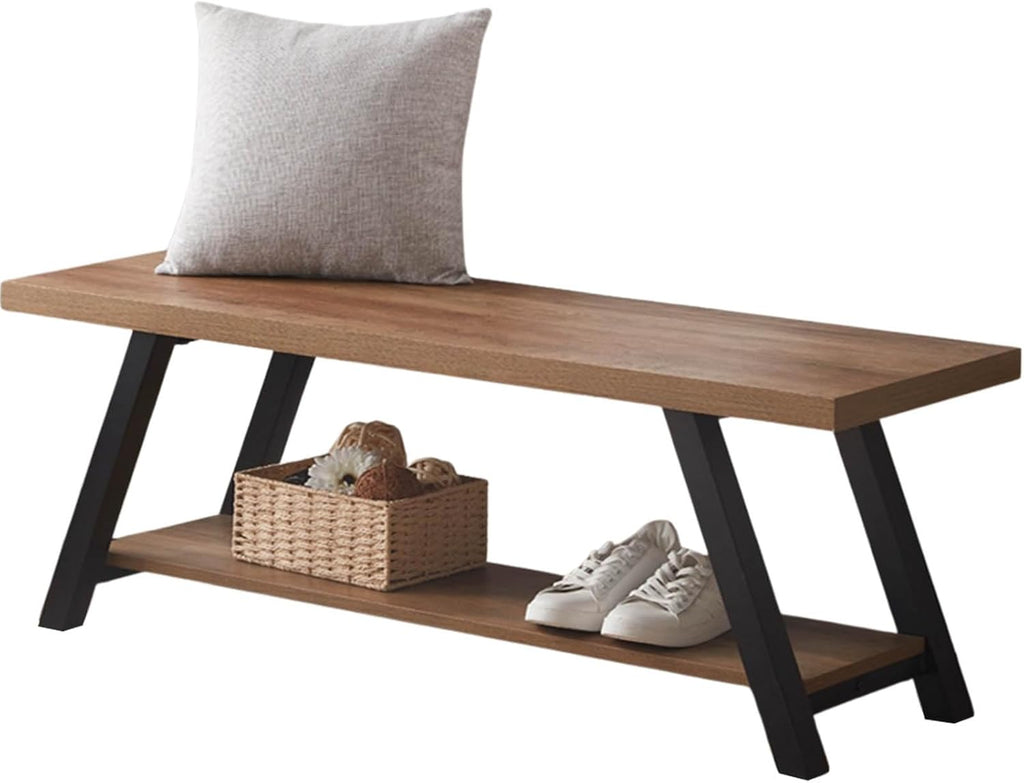 LVB Industrial Entryway Bench, Wood and Metal Storage Bench for Living Dining Room, Farmhouse Indoor Entry Way Shoe Benches Seat, Rustic Oak, 47 Inch Long