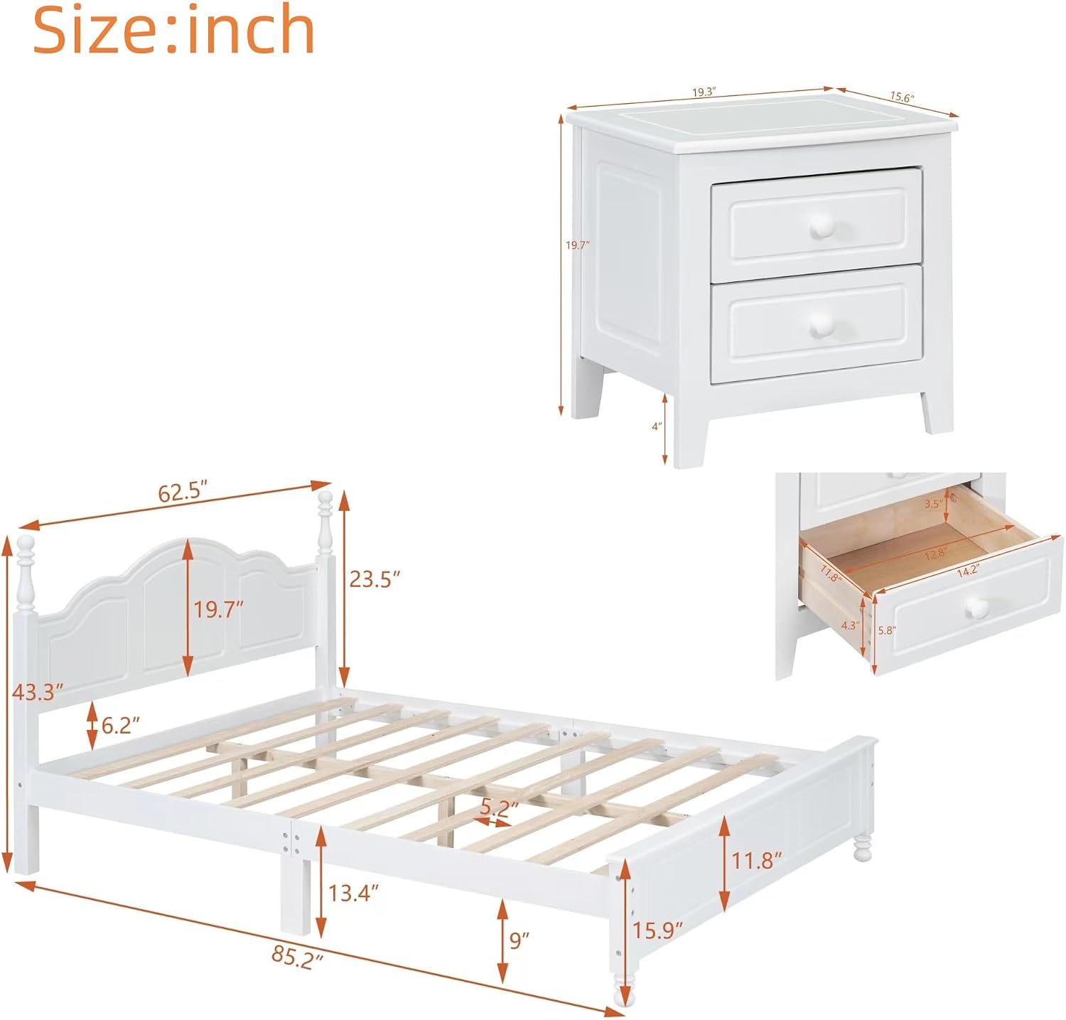 Bedroom Set of Furniture, Wooden Platform Bed and Two Bedside Tables, for Family Use(White(Queen))