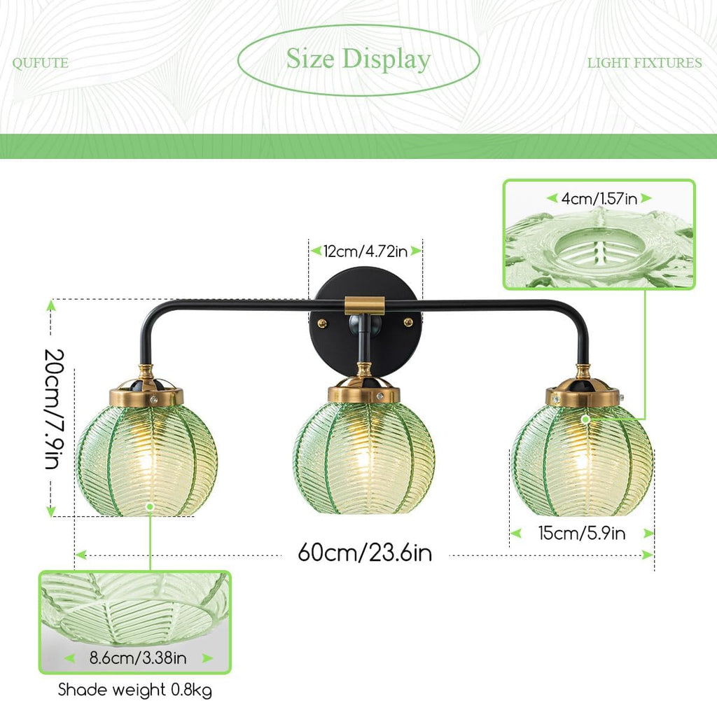 Bathroom Light Fixtures Vanity Wall 3-Light Coastal Vanity Lights Emerald Green Vintage Wall Lamp with Glass Globe Shade Modern Glass Wall Vanity Lighting for Mirror Kitchen Cabinet