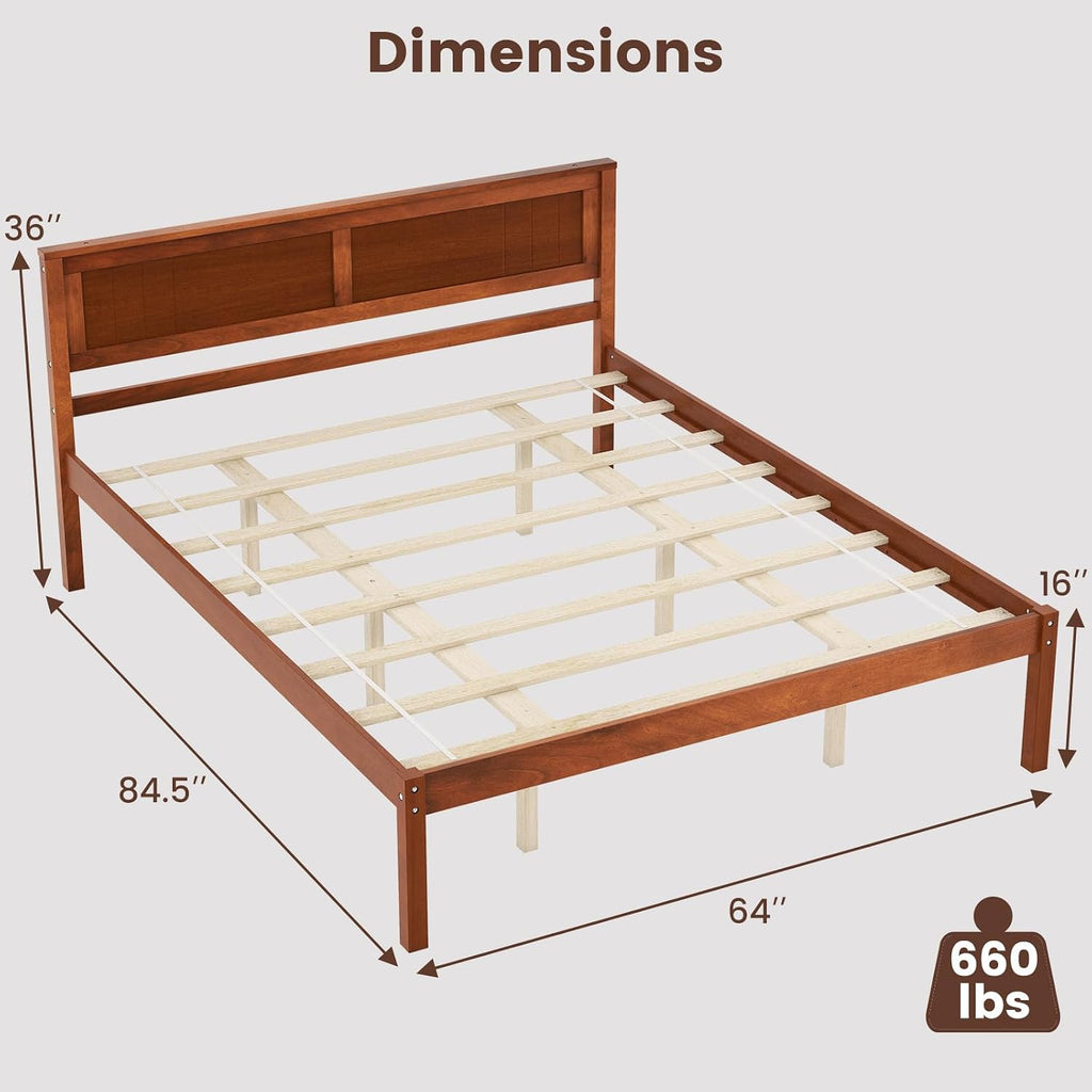 Giantex Queen Wood Platform Bed Frame with Headboard, Mid Century Queen Bed Frame with Wood Slat Support, Solid Wood Foundation with 16' Under Bed Storage, No Box Spring Needed, Easy Assembly